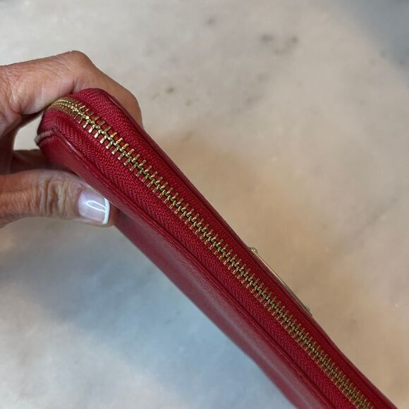 Michael Kors Wallet Leather Pebbled Red Jet Set Continental Full Zip Wallet - Picture 9 of 16